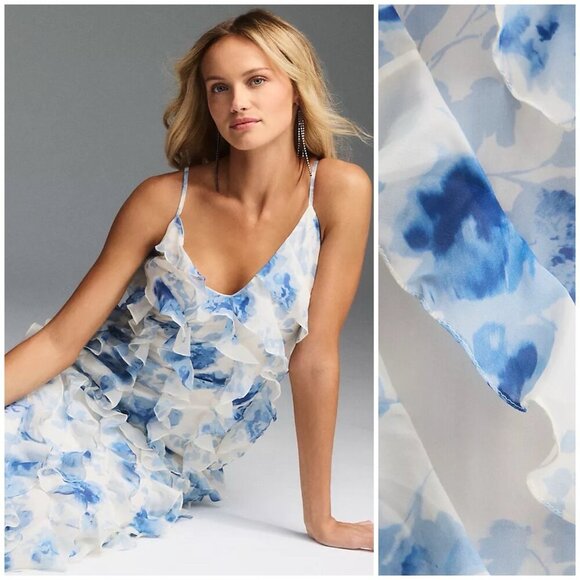 NWT BHLDN Anthropologie Jia Printed Bias-Cut Ruffled V-Neck Gown Blue $328 - Picture 2 of 12